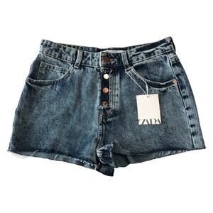 Zara Womens Denim Jeans Shorts Size 2 High Rise Distressed Exposed Button Fly